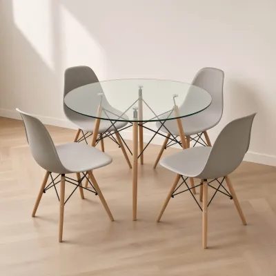 Comedor Mesa Redonda Vidrio 100cm 4 Sillas Eames Polipropileno