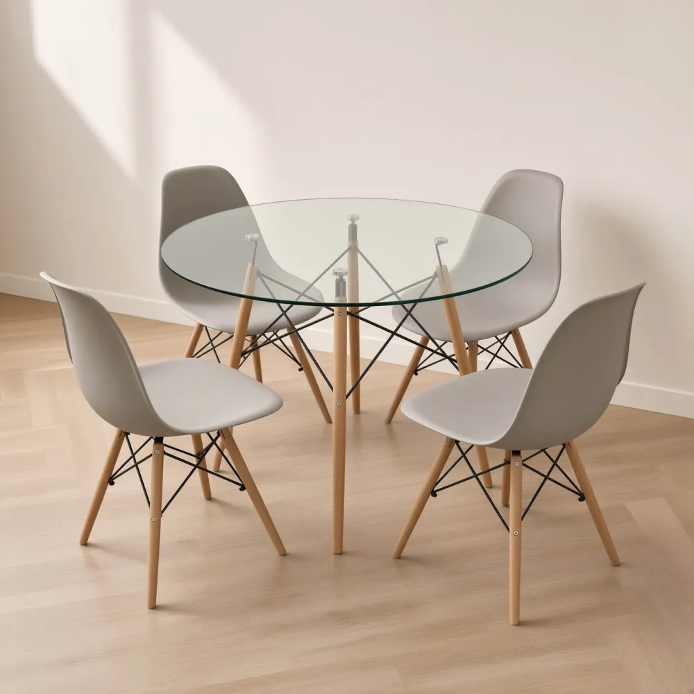 Comedor Mesa Redonda Vidrio 100cm 4 Sillas Eames Polipropileno