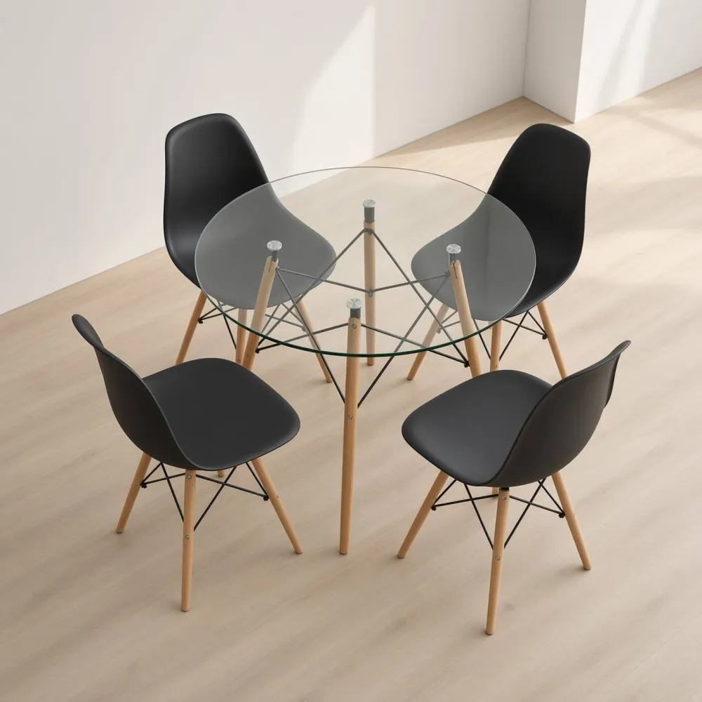 Comedor Mesa Redonda Vidrio 100cm 4 Sillas Eames Polipropileno