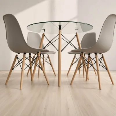 Comedor Mesa Redonda Vidrio 100cm 4 Sillas Eames Polipropileno