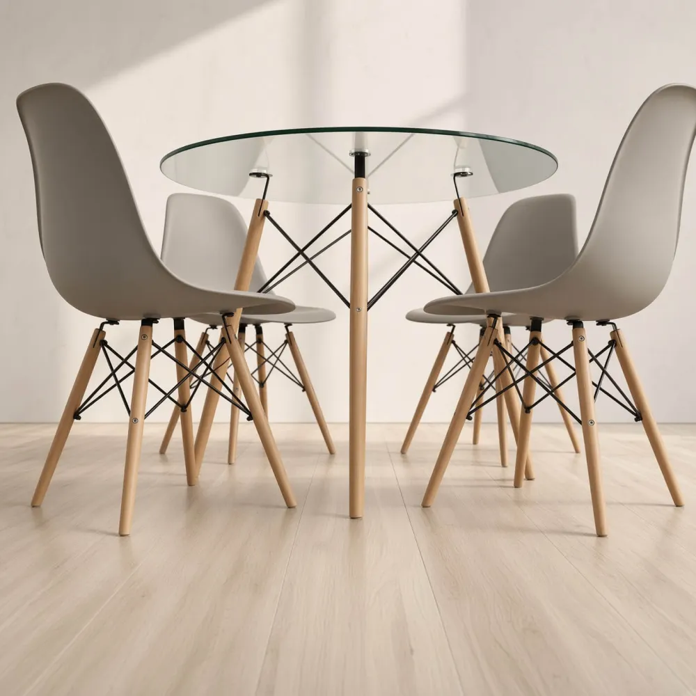 Comedor Mesa Redonda Vidrio 100cm 4 Sillas Eames Polipropileno