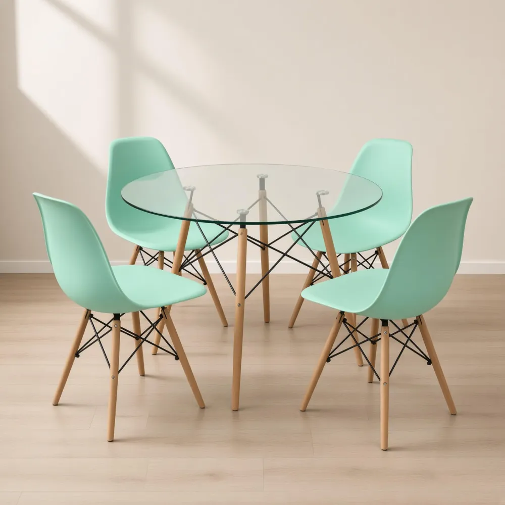 Comedor Mesa Redonda Vidrio 100cm 4 Sillas Eames Polipropileno