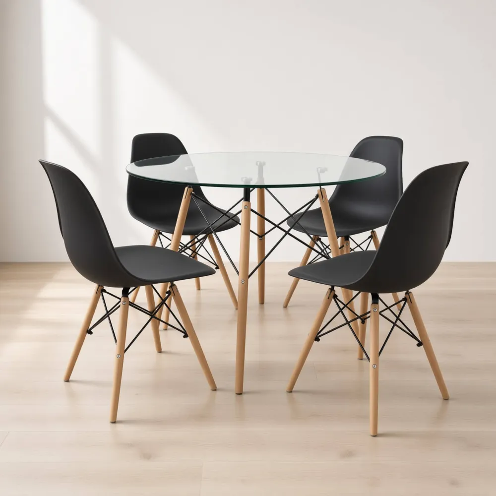 Comedor Mesa Redonda Vidrio 100cm 4 Sillas Eames Polipropileno
