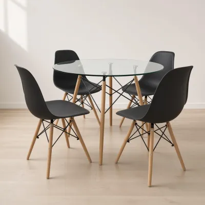 Comedor Mesa Redonda Vidrio 100cm 4 Sillas Eames Polipropileno