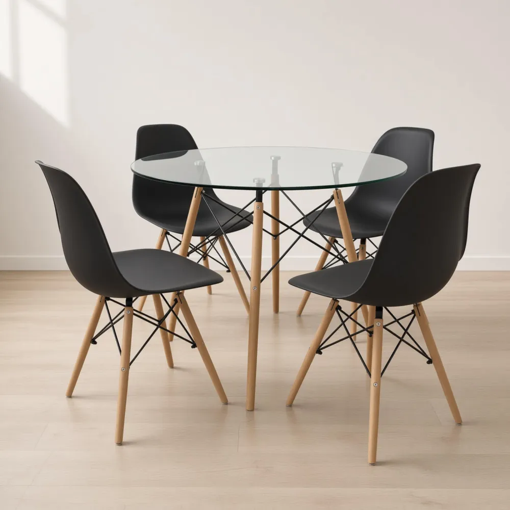 Comedor Mesa Redonda Vidrio 100cm 4 Sillas Eames Polipropileno