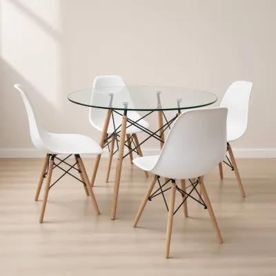 Comedor Mesa Redonda Vidrio 100cm 4 Sillas Eames Polipropileno