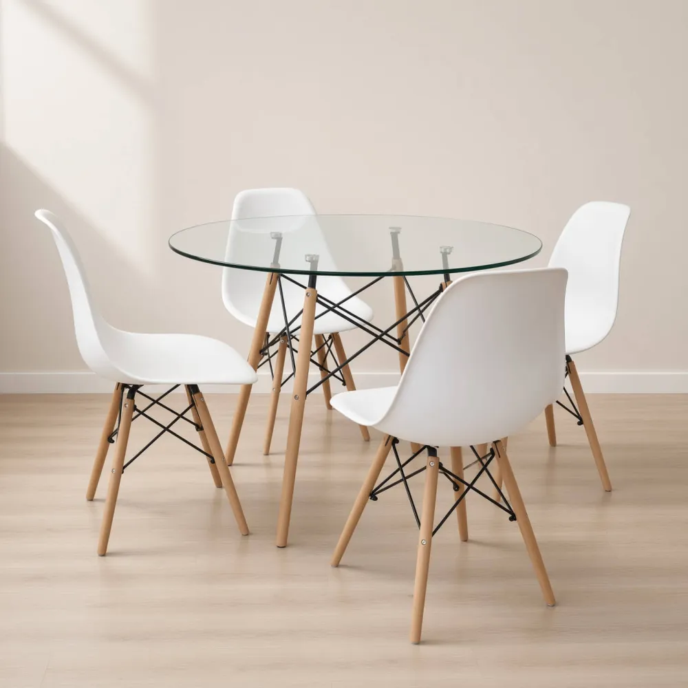 Comedor Mesa Redonda Vidrio 100cm 4 Sillas Eames Polipropileno