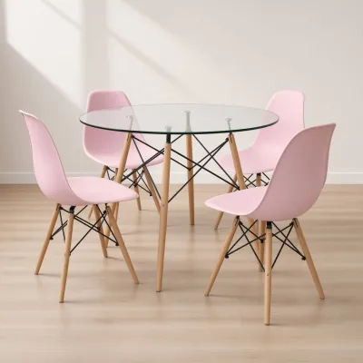 Comedor Mesa Redonda Vidrio 100cm 4 Sillas Eames Polipropileno