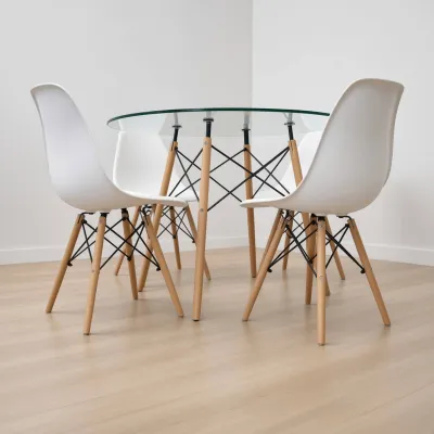 Comedor Mesa Redonda Vidrio 100cm 4 Sillas Eames Polipropileno