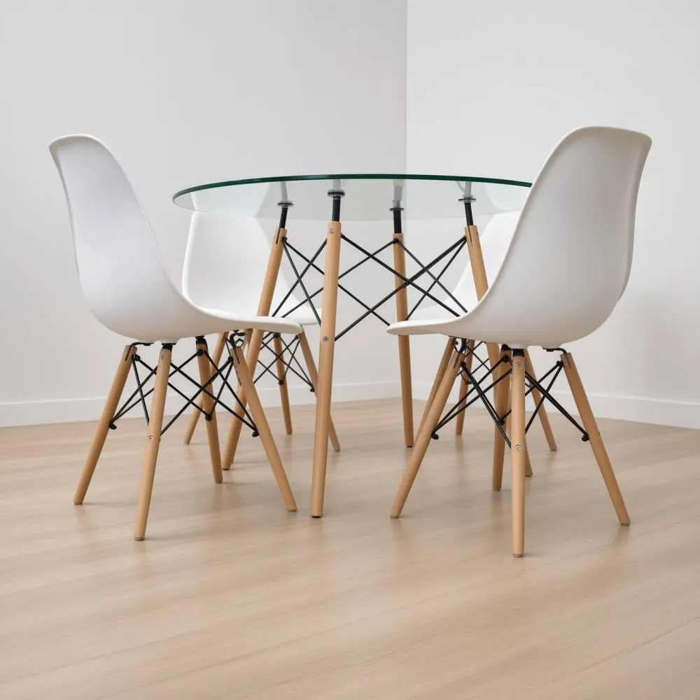 Comedor Mesa Redonda Vidrio 100cm 4 Sillas Eames Polipropileno