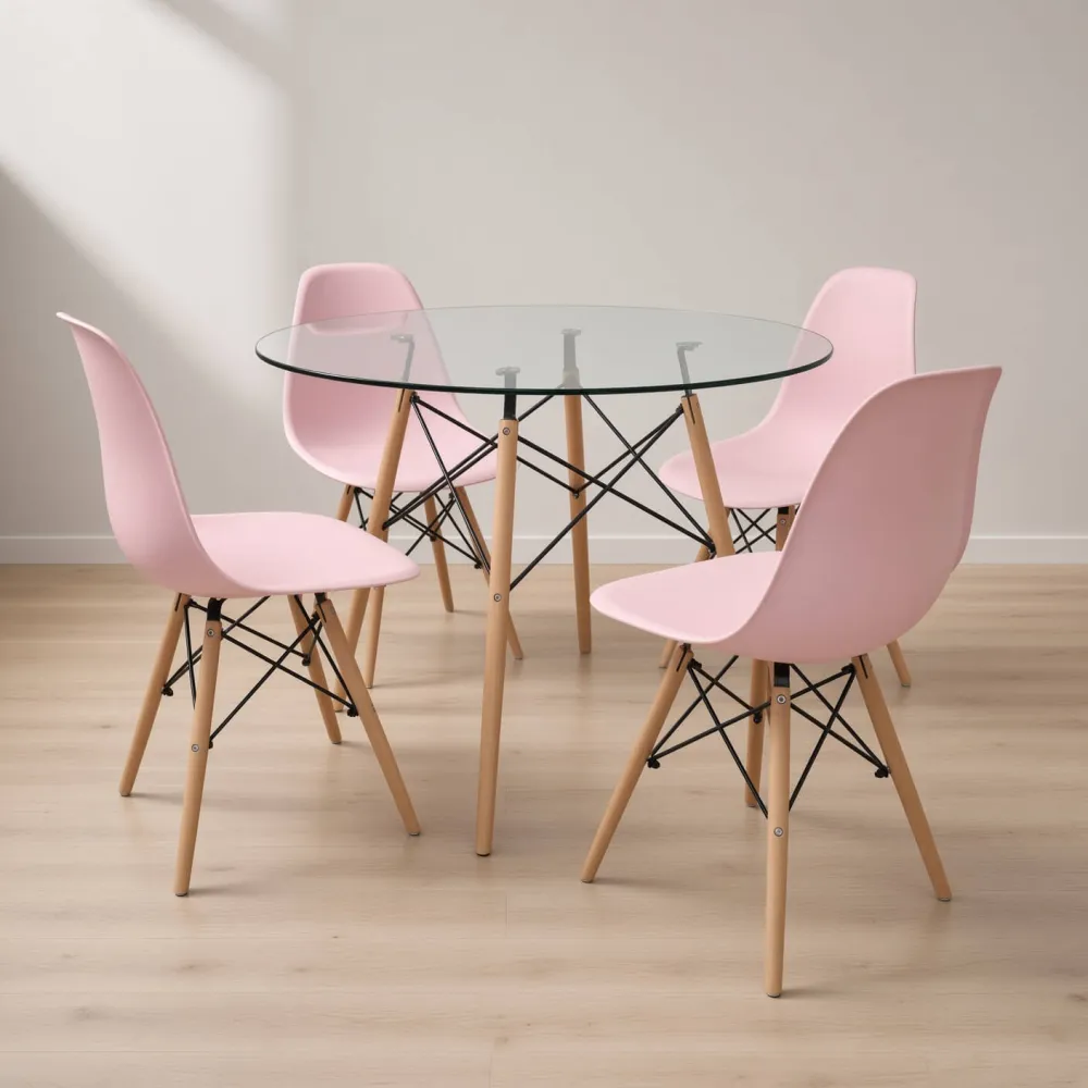 Comedor Mesa Redonda Vidrio 100cm 4 Sillas Eames Polipropileno