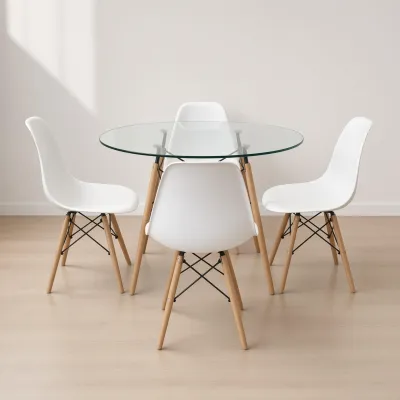 Comedor Mesa Redonda Vidrio 100cm 4 Sillas Eames Polipropileno