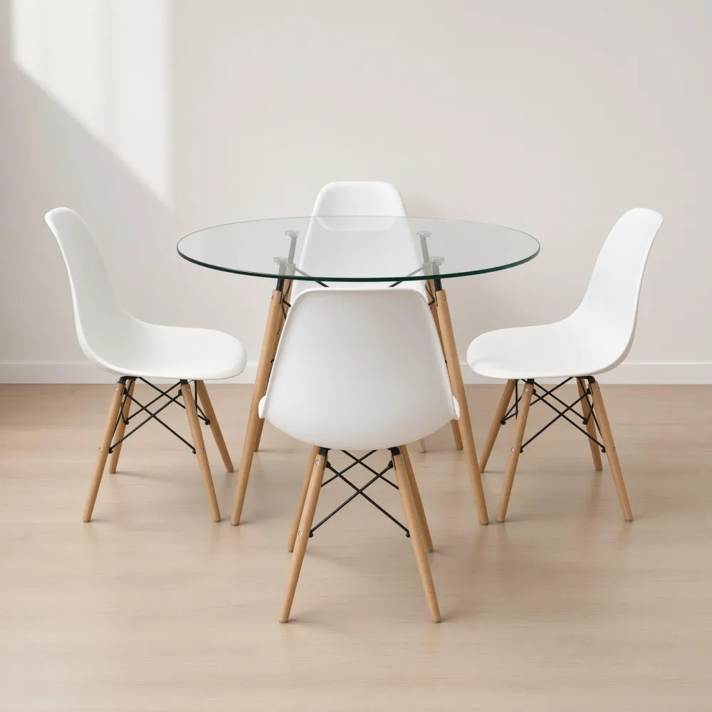 Comedor Mesa Redonda Vidrio 100cm 4 Sillas Eames Polipropileno