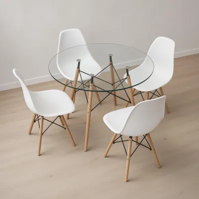 Comedor Mesa Redonda Vidrio 100cm 4 Sillas Eames Polipropileno