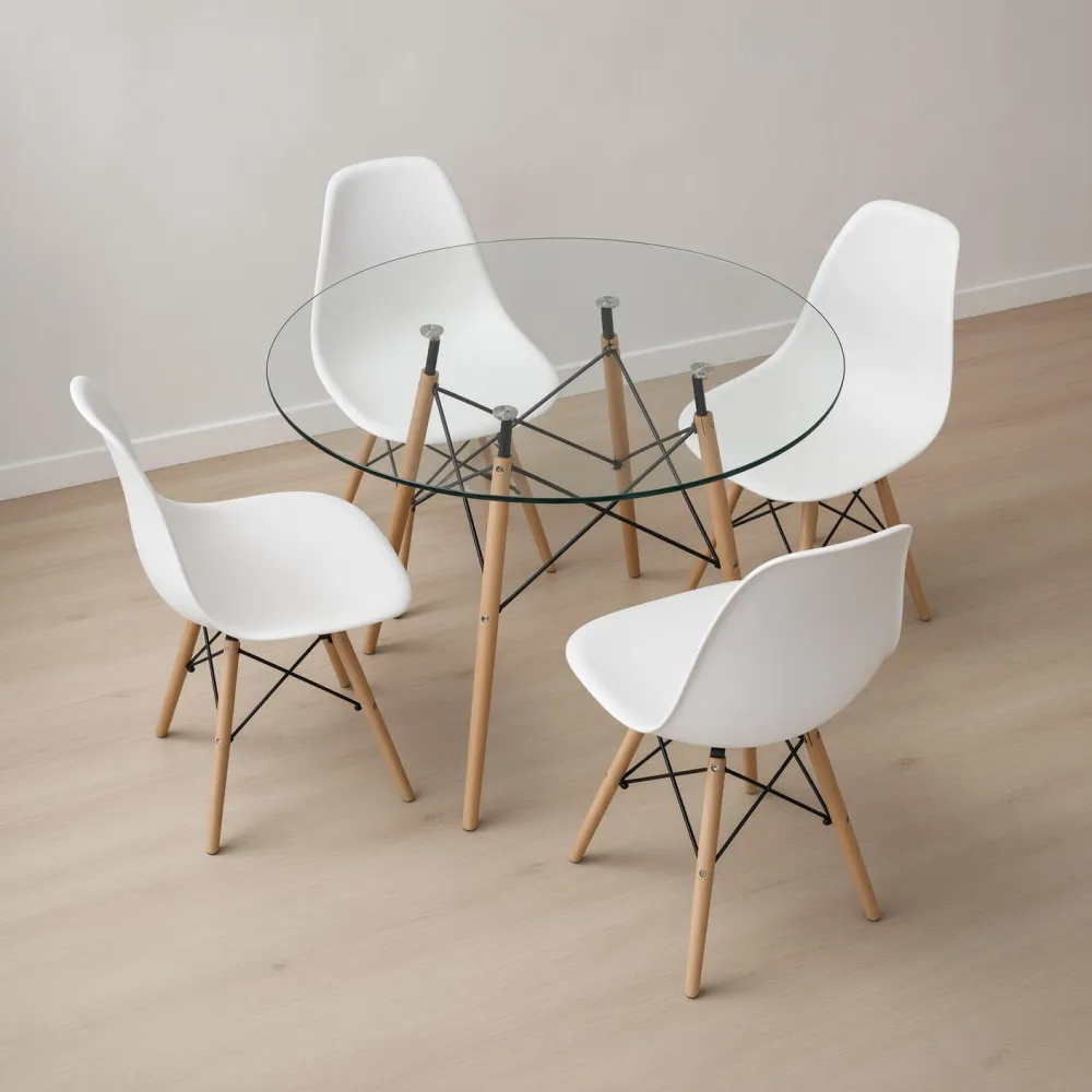 Comedor Mesa Redonda Vidrio 100cm 4 Sillas Eames Polipropileno
