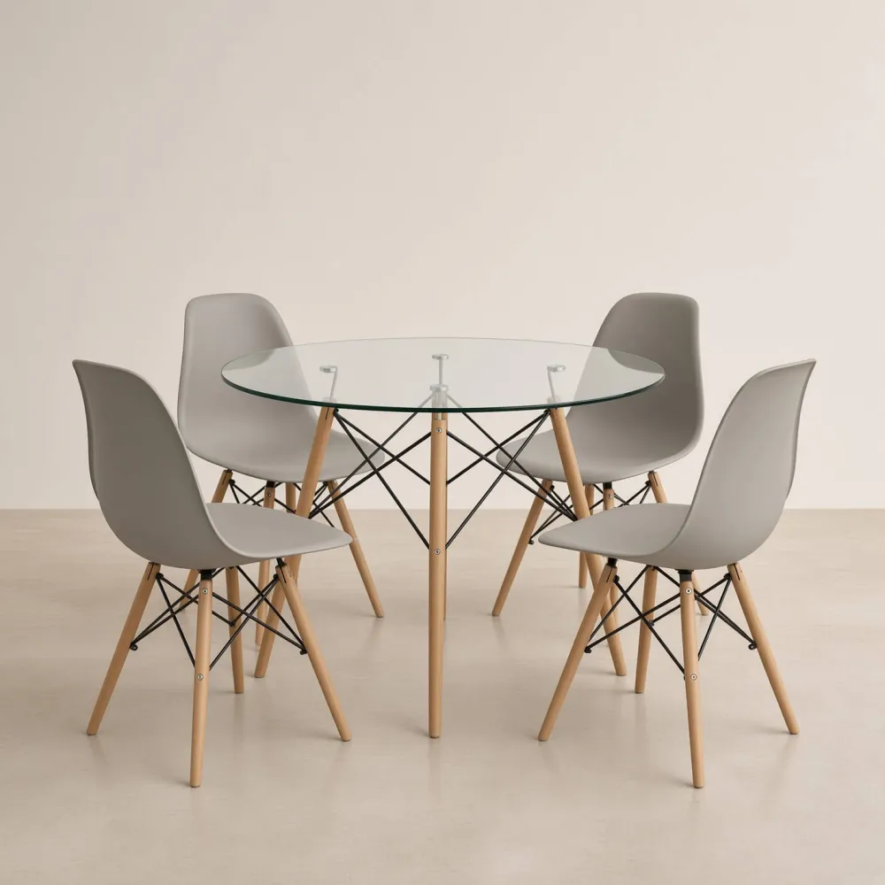 Comedor Mesa Redonda Vidrio 100cm 4 Sillas Eames Polipropileno