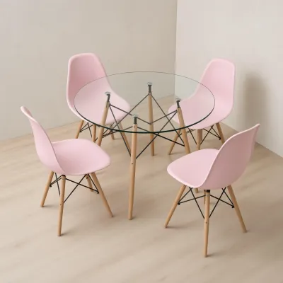 Comedor Mesa Redonda Vidrio 100cm 4 Sillas Eames Polipropileno