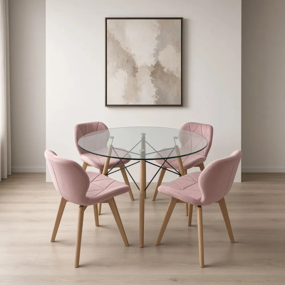 Comedor Redondo Vidrio 100cm 4 Sillas Radar Velvet Terciopelo