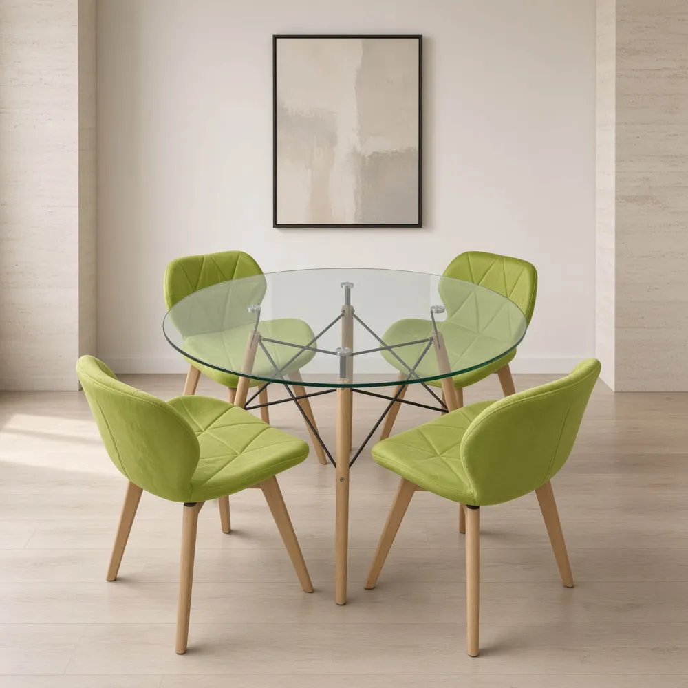 Comedor Redondo Vidrio 100cm 4 Sillas Radar Velvet Terciopelo