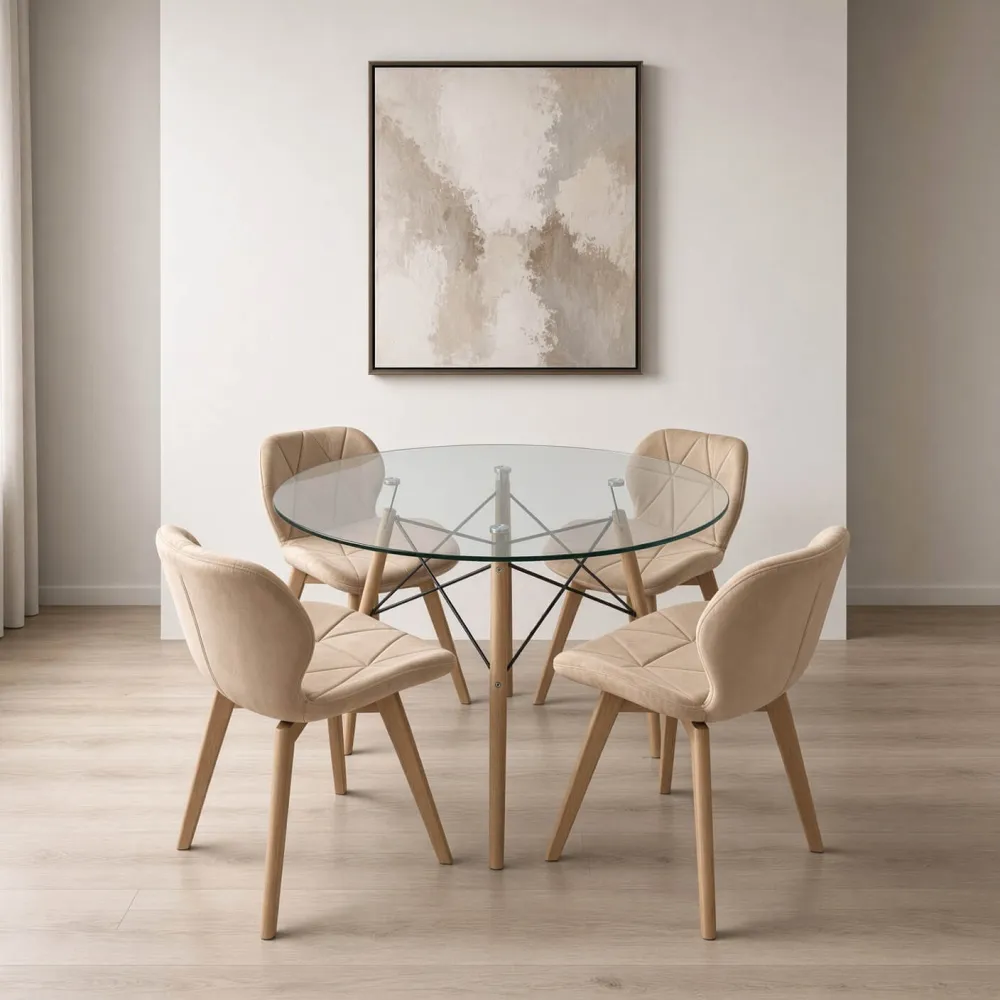 Comedor Redondo Vidrio 100cm 4 Sillas Radar Velvet Terciopelo