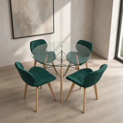 Comedor Redondo Vidrio 100cm 4 Sillas Radar Velvet Terciopelo