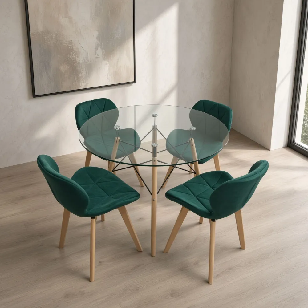 Comedor Redondo Vidrio 100cm 4 Sillas Radar Velvet Terciopelo