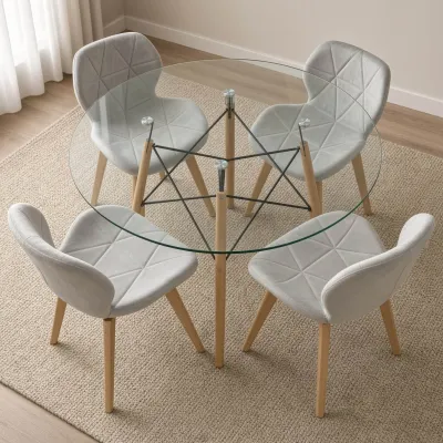Comedor Redondo Vidrio 100cm 4 Sillas Radar Velvet Terciopelo