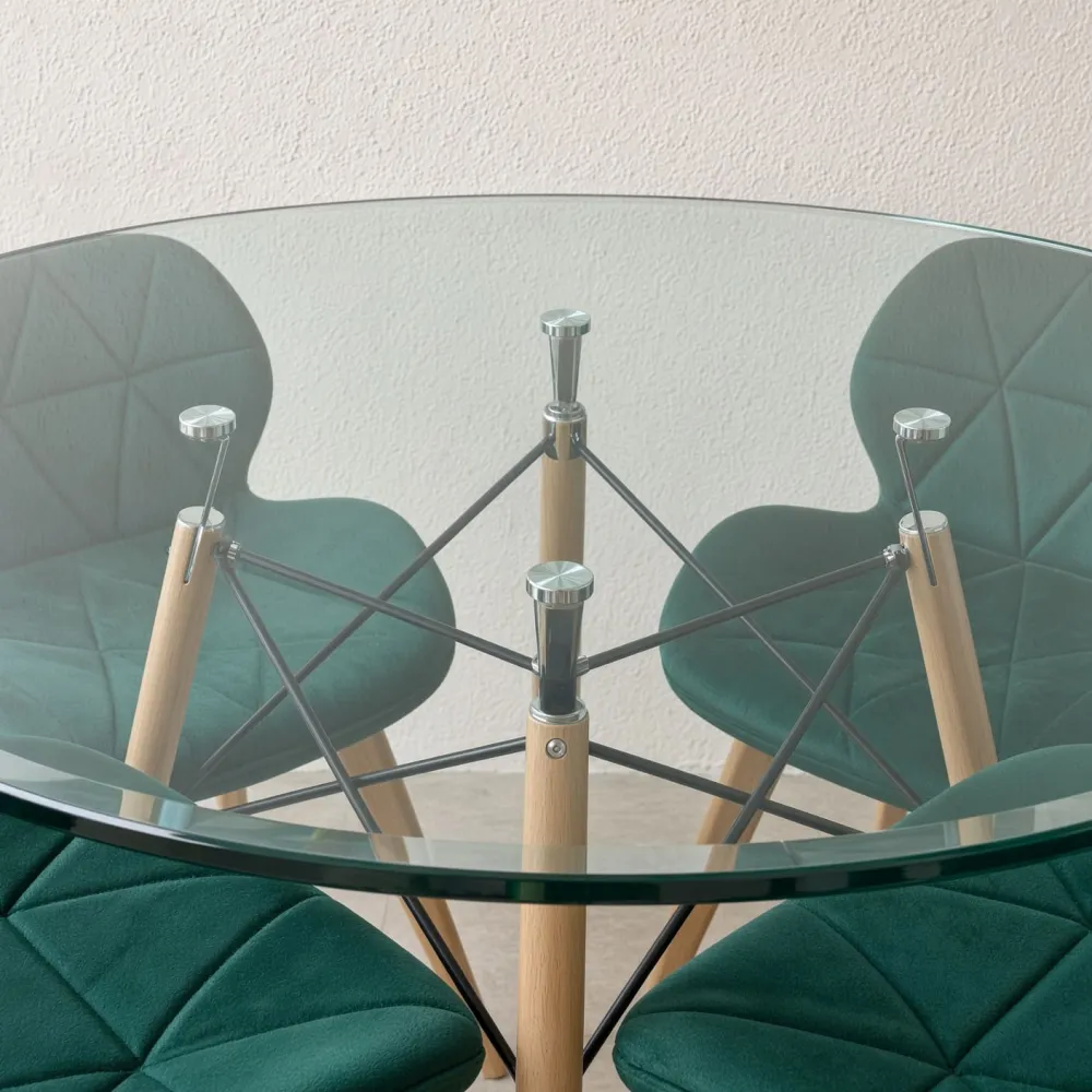 Comedor Redondo Vidrio 100cm 4 Sillas Radar Velvet Terciopelo