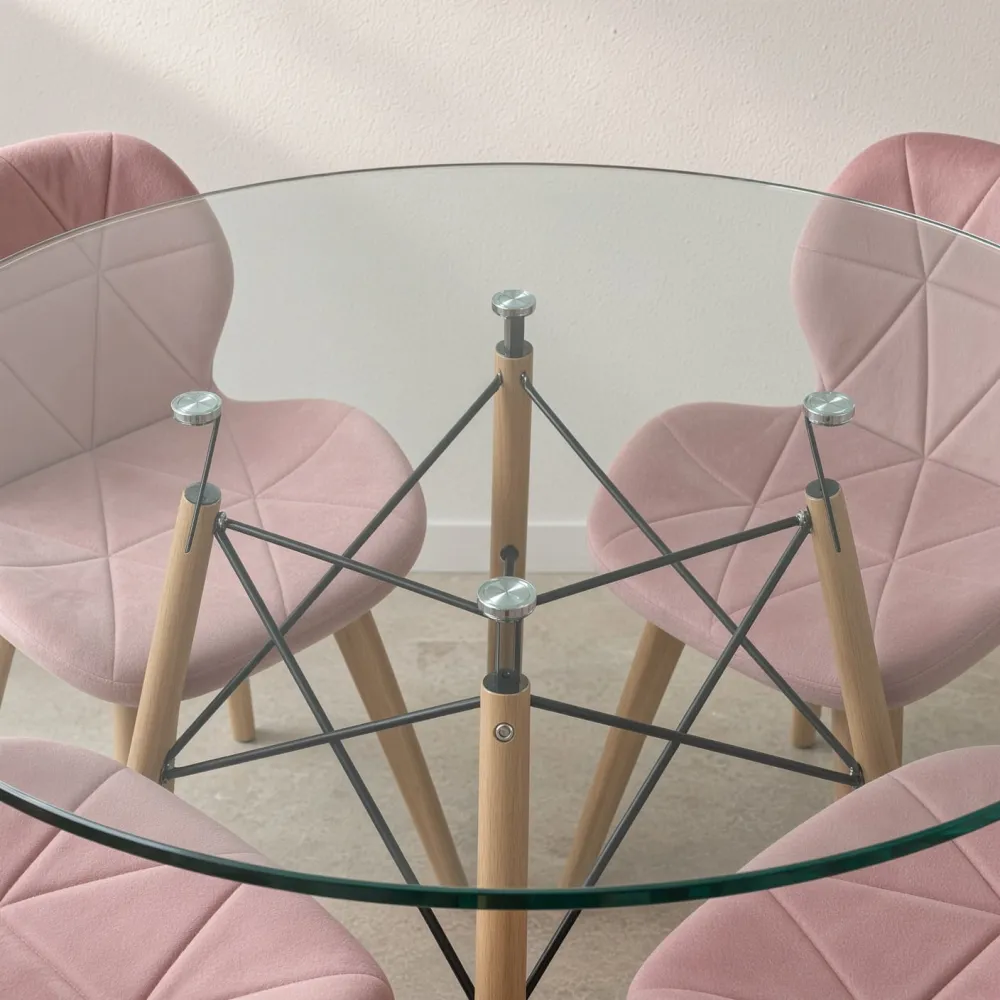 Comedor Redondo Vidrio 100cm 4 Sillas Radar Velvet Terciopelo