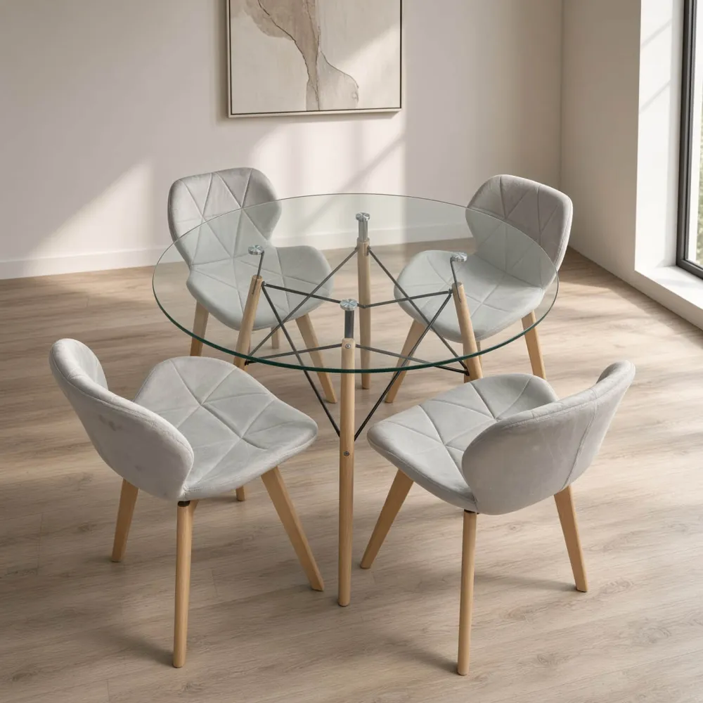 Comedor Redondo Vidrio 100cm 4 Sillas Radar Velvet Terciopelo
