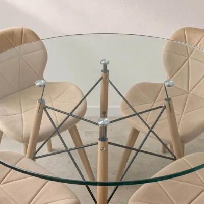 Comedor Redondo Vidrio 100cm 4 Sillas Radar Velvet Terciopelo