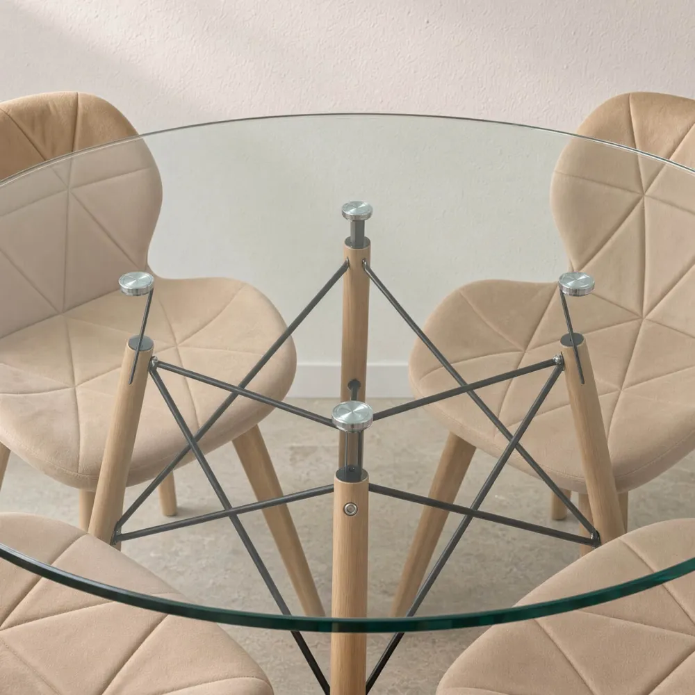 Comedor Redondo Vidrio 100cm 4 Sillas Radar Velvet Terciopelo