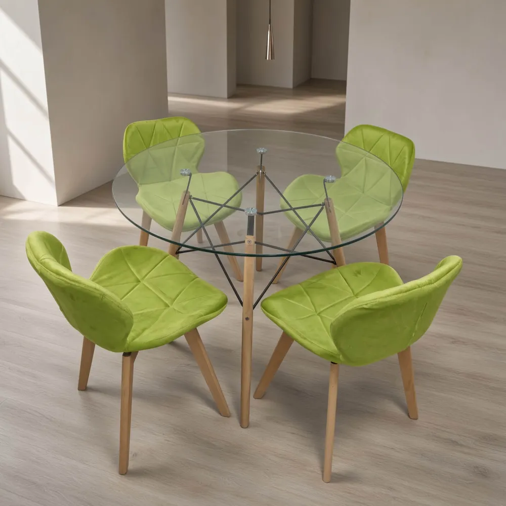 Comedor Redondo Vidrio 100cm 4 Sillas Radar Velvet Terciopelo