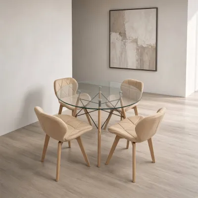 Comedor Redondo Vidrio 100cm 4 Sillas Radar Velvet Terciopelo