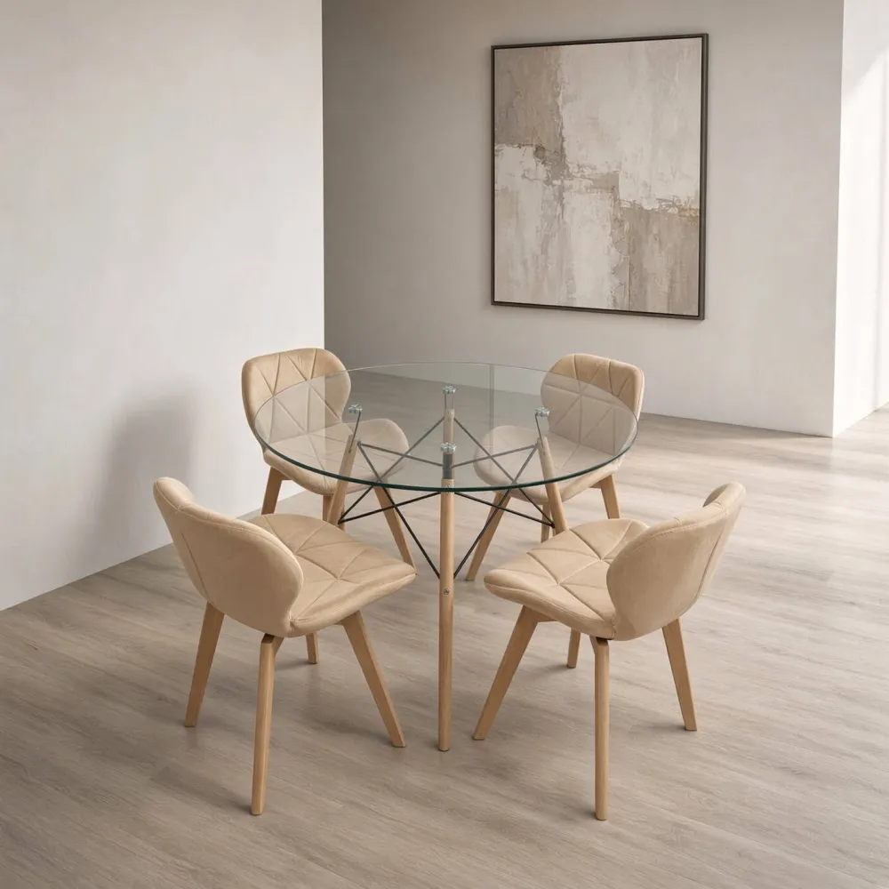 Comedor Redondo Vidrio 100cm 4 Sillas Radar Velvet Terciopelo