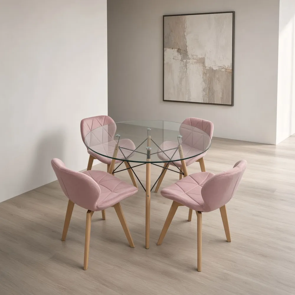 Comedor Redondo Vidrio 100cm 4 Sillas Radar Velvet Terciopelo