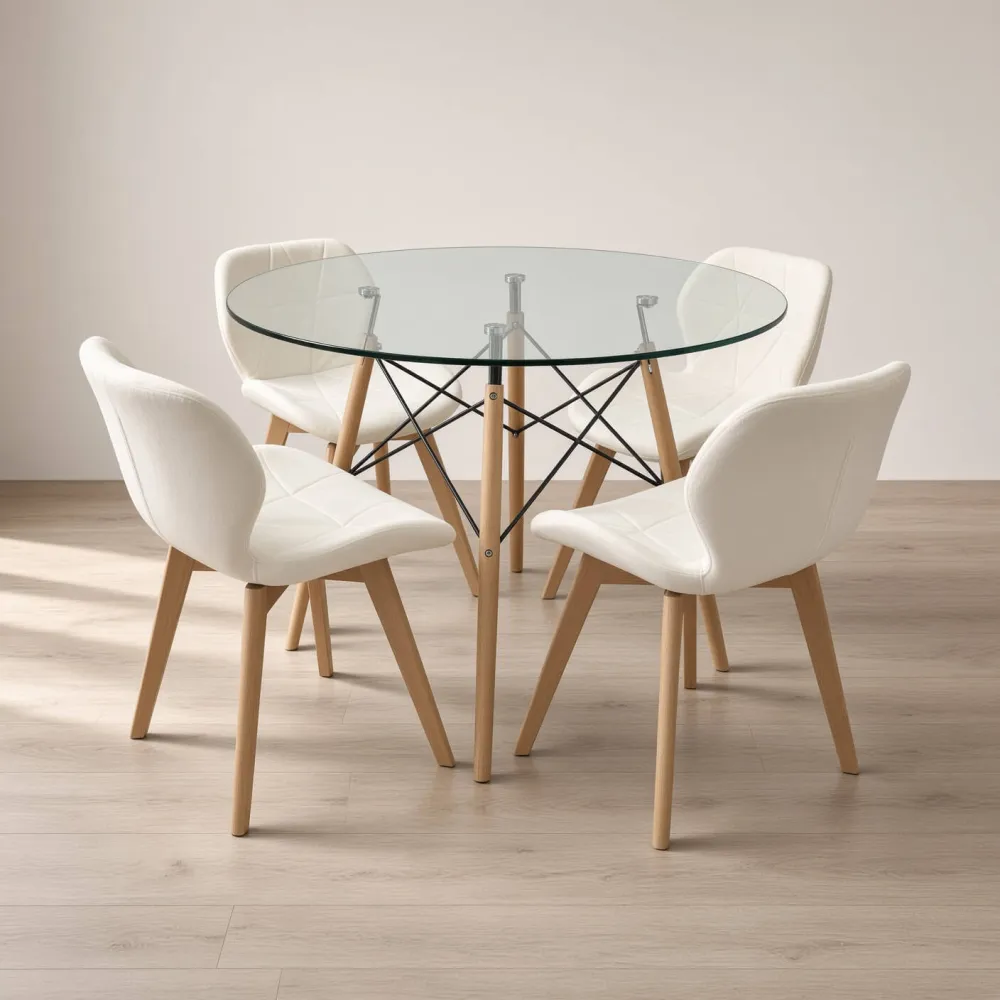 Comedor Redondo Vidrio 100cm 4 Sillas Radar Velvet Terciopelo