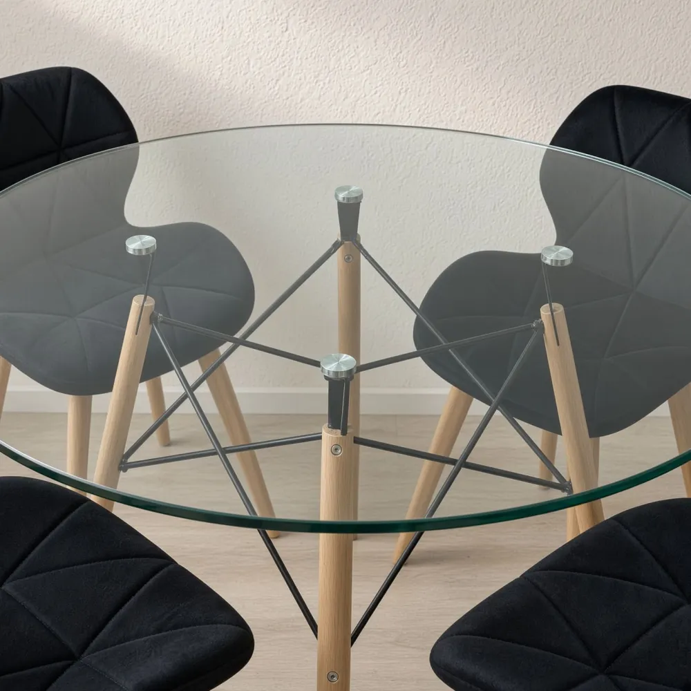 Comedor Redondo Vidrio 100cm 4 Sillas Radar Velvet Terciopelo