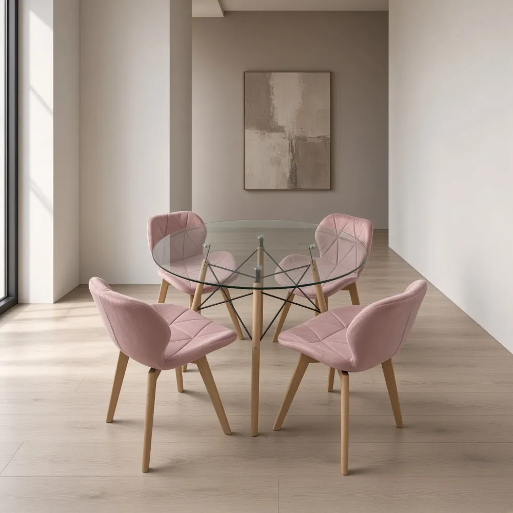 Comedor Redondo Vidrio 100cm 4 Sillas Radar Velvet Terciopelo