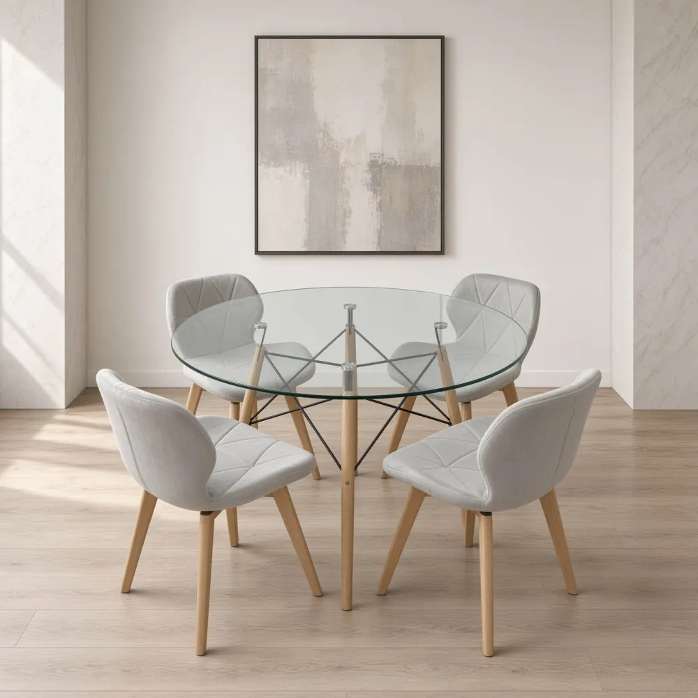 Comedor Redondo Vidrio 100cm 4 Sillas Radar Velvet Terciopelo