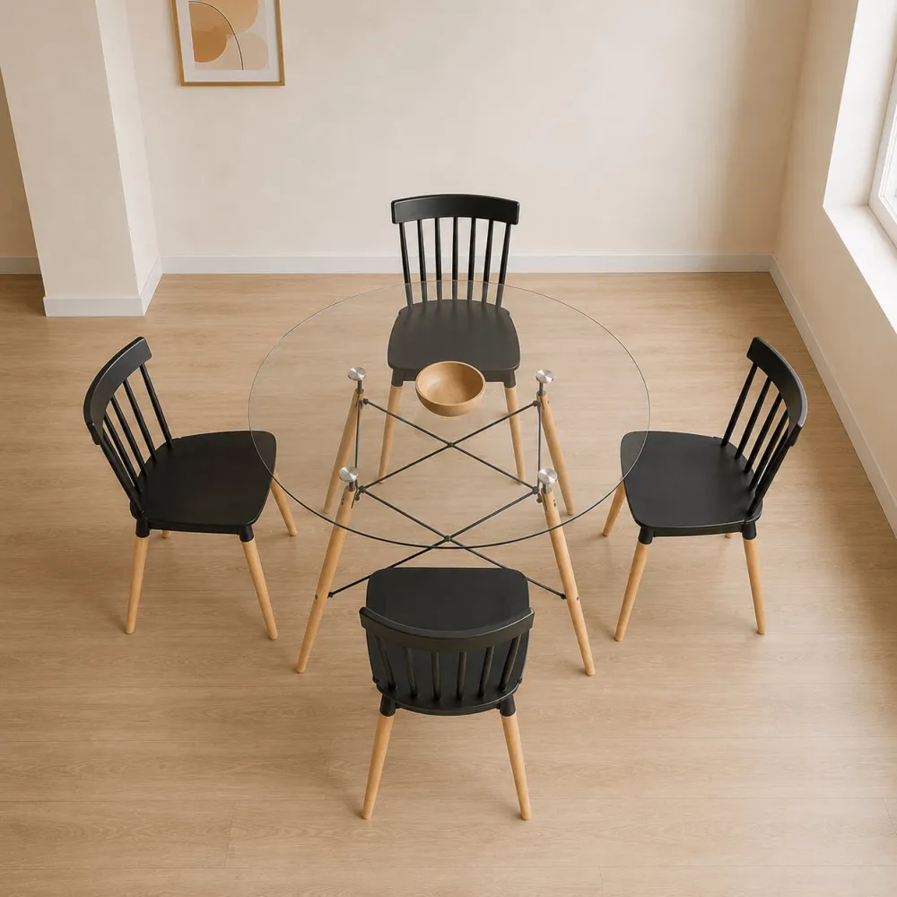 Comedor Redondo Vidrio 100cm 4 Sillas Windsor Polipropileno