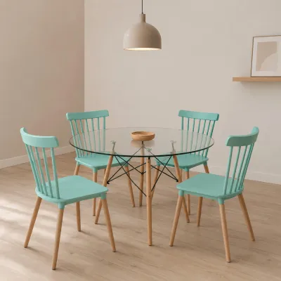 Comedor Redondo Vidrio 100cm 4 Sillas Windsor Polipropileno