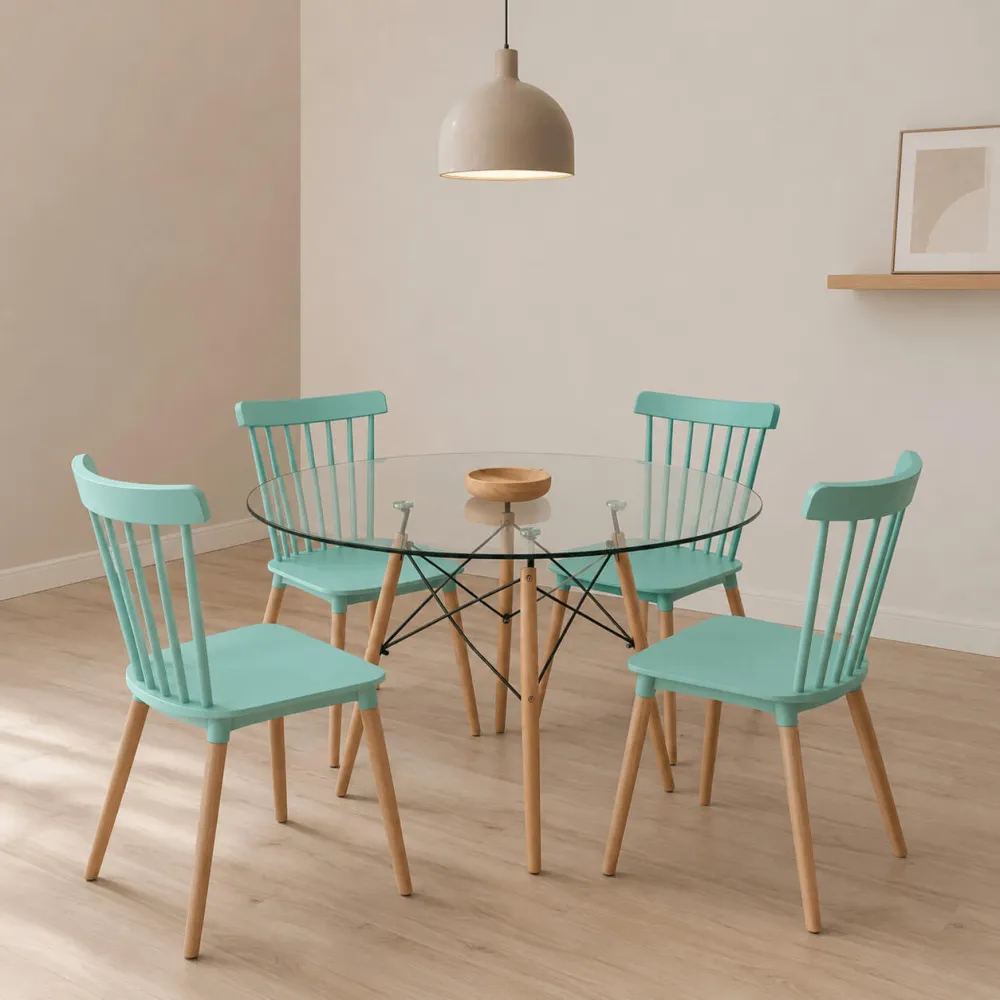 Comedor Redondo Vidrio 100cm 4 Sillas Windsor Polipropileno