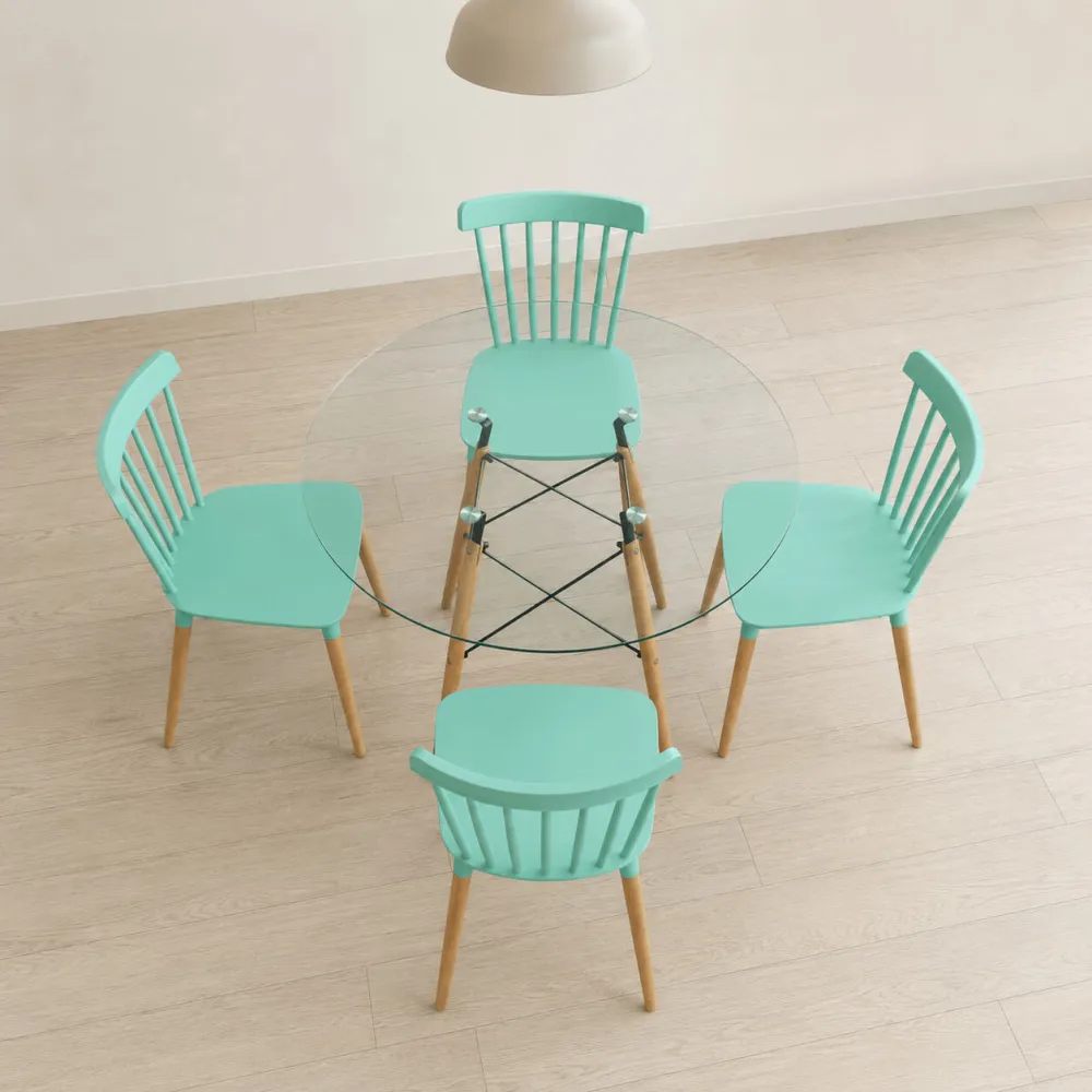 Comedor Redondo Vidrio 100cm 4 Sillas Windsor Polipropileno