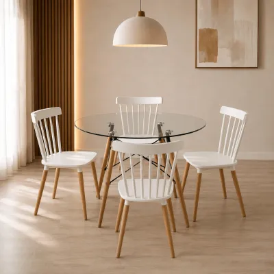 Comedor Redondo Vidrio 100cm 4 Sillas Windsor Polipropileno