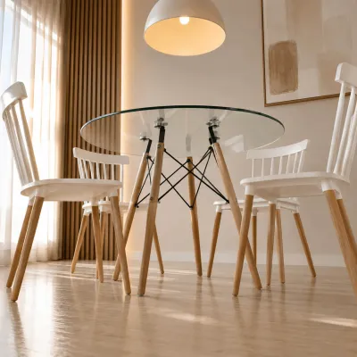 Comedor Redondo Vidrio 100cm 4 Sillas Windsor Polipropileno
