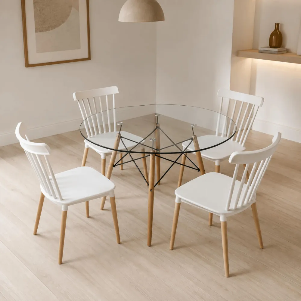 Comedor Redondo Vidrio 100cm 4 Sillas Windsor Polipropileno