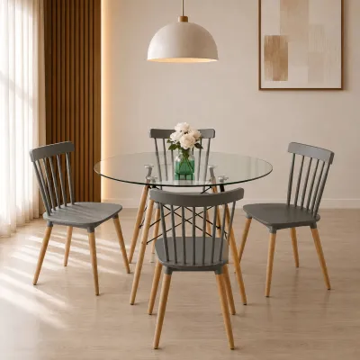 Comedor Redondo Vidrio 100cm 4 Sillas Windsor Polipropileno