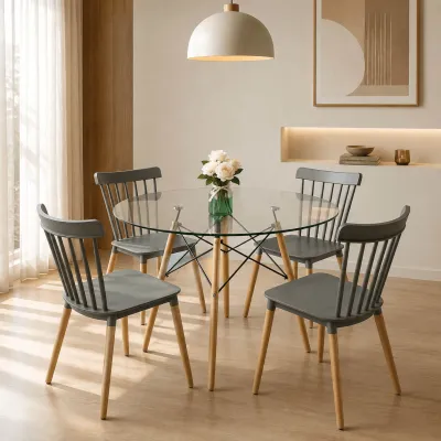 Comedor Redondo Vidrio 100cm 4 Sillas Windsor Polipropileno