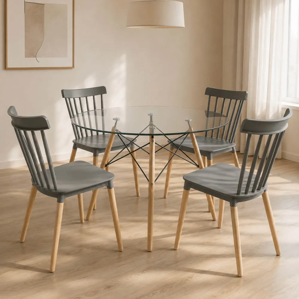 Comedor Redondo Vidrio 100cm 4 Sillas Windsor Polipropileno